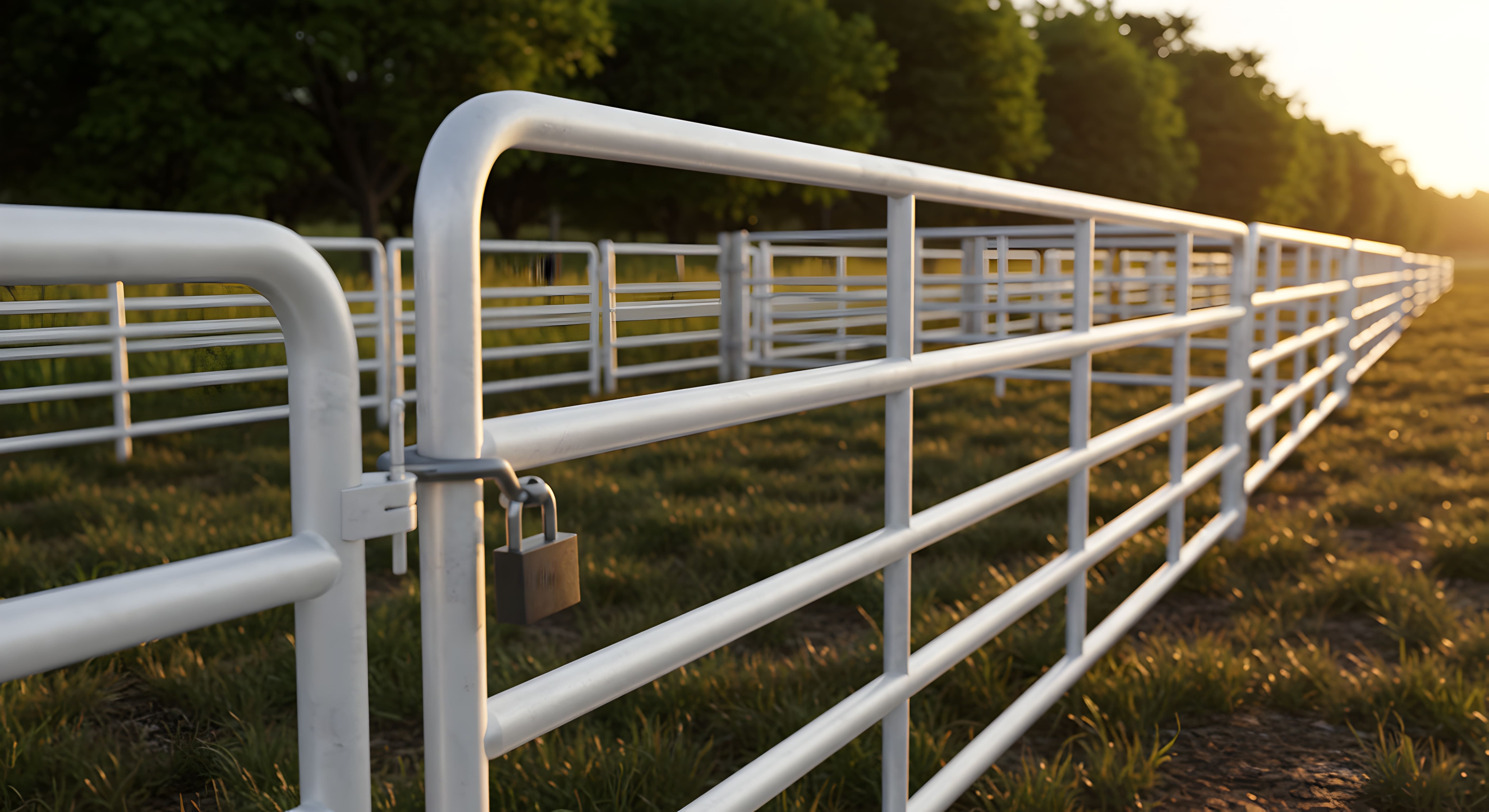 Heavy-duty white pipe livestock fencing and padlocked gate at golden hour — an Eaton Fencing agricultural install
